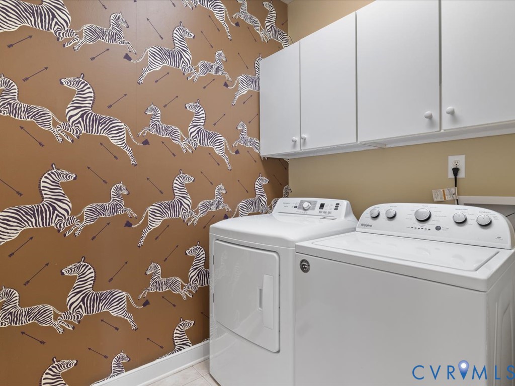 White upper cabinetry, contemporary wallpaper, and a light-toned flooring