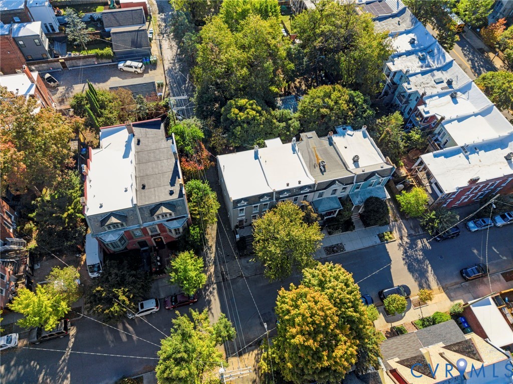 Aerial perspective featuring brick row houses with flat roofing, dormer windows, and mature tree canopy throughout the streetscape