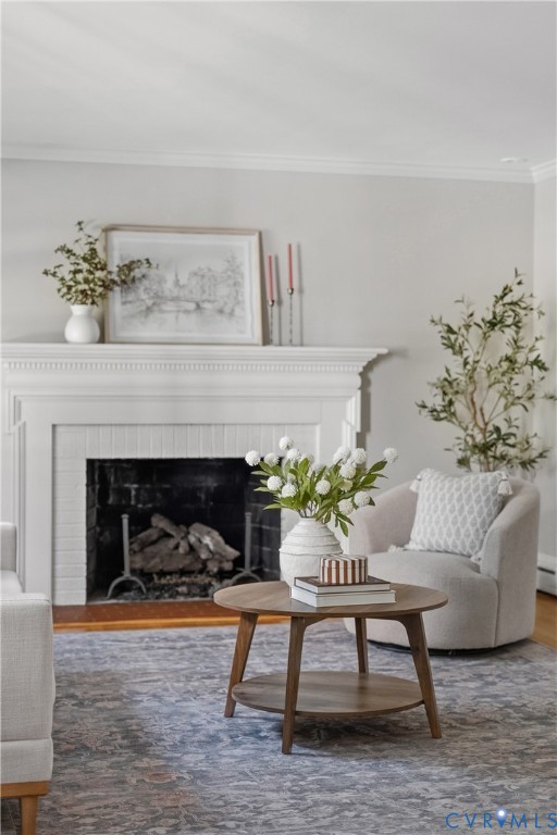 Fireplace featuring a white mantel, decorative trim, and wood-finish flooring