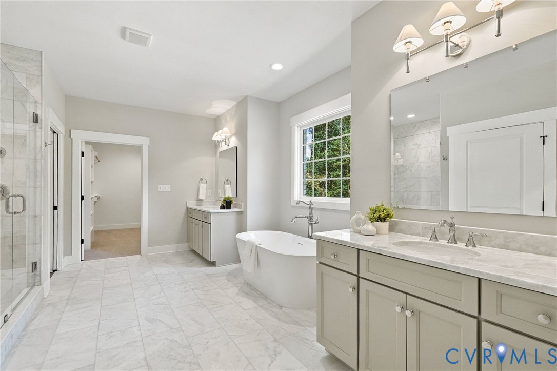Large Vanities w/Marble Tops & Polished Nickel Accessories are Gorgeous
