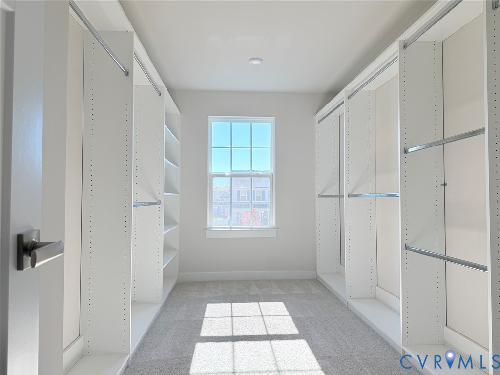 Custom walk-in closet featuring white built-in shelving, adjustable clothing rods, wall-to-wall carpeting, and a multi-pane window