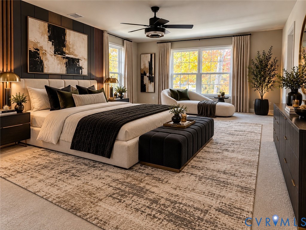 Virtually staged Bedroom featuring an accent wall with vertical paneled trim, dual large windows, and a matte black ceiling fan with integrated lighting