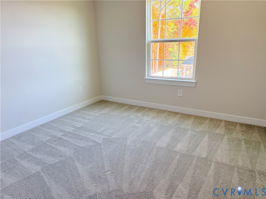 Neutral wall paint, plush carpeting, and a double-hung window featuring a grid pattern
