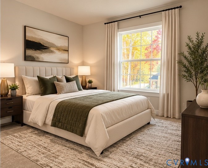 Virtually Staged Neutral-toned wall finish featuring a single-hung window with a multi-pane grid, window hardware, and carpeted flooring