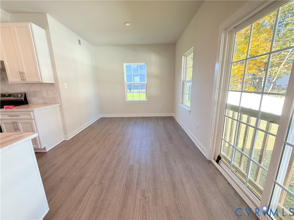 Wood-finish flooring, white cabinetry, quartz countertops, tile backsplash, and sliding glass door with muntin detailing