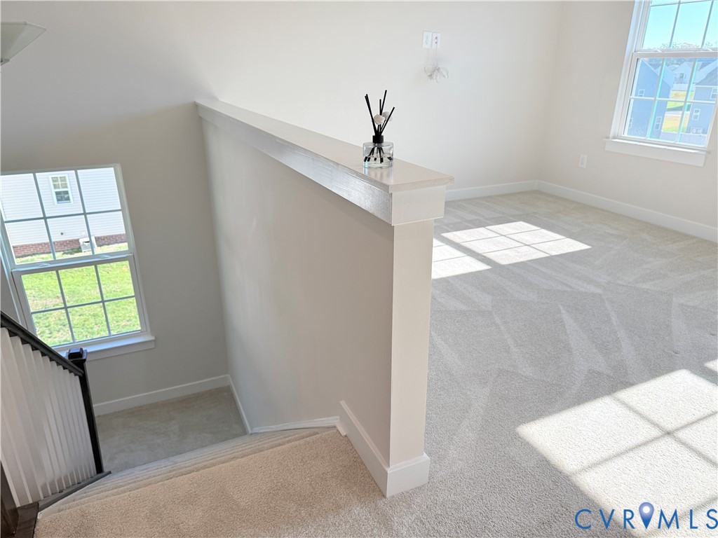 Neutral-toned wall-to-wall carpeting, multiple double-hung windows with grid detailing, and a painted pony wall with a white crown-molding cap