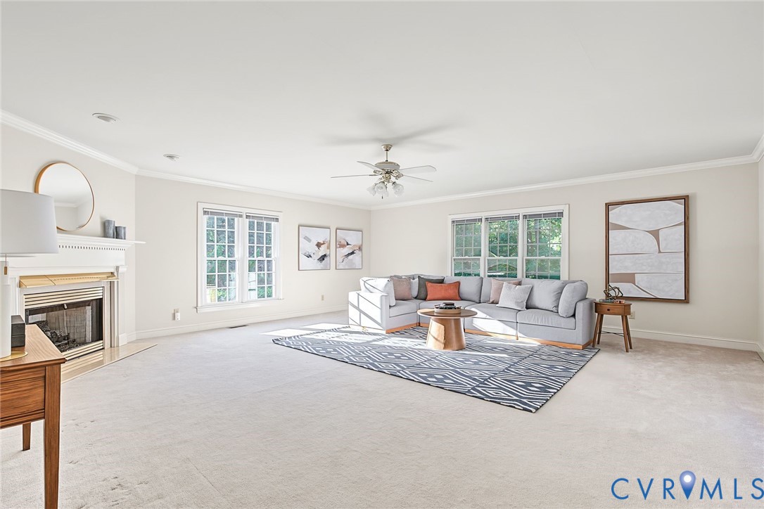 Spacious family room with gas fireplace.