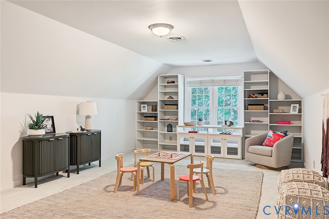 Ample space, built ins and deep closet in the playroom for all of the kids toys, games and equipment.