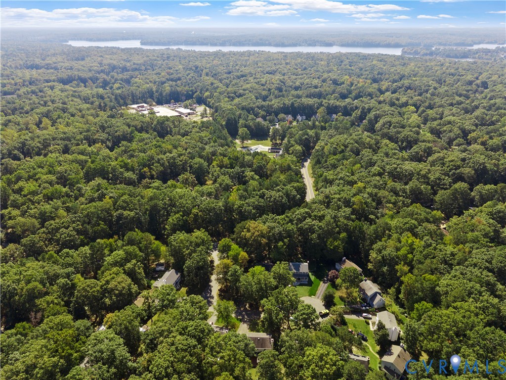 Aerial perspective featuring mature tree canopy, dense woodland surroundings, paved road access, and distant water backdrop