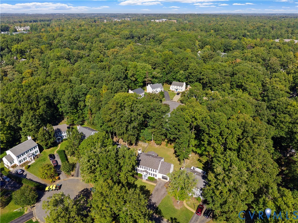 Aerial perspective of a multi-structure residential area featuring mature woodland canopy, cul-de-sac street layout, and paved driveways