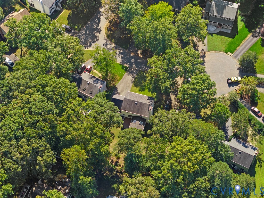 Aerial perspective of a multi-level residence featuring a dark shingle roof, chimney, multiple skylights, and extensive surrounding tree canopy