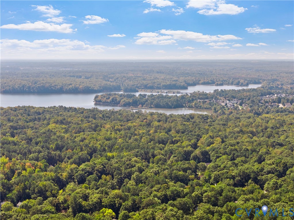 Aerial perspective showcasing expansive woodlands and water frontage