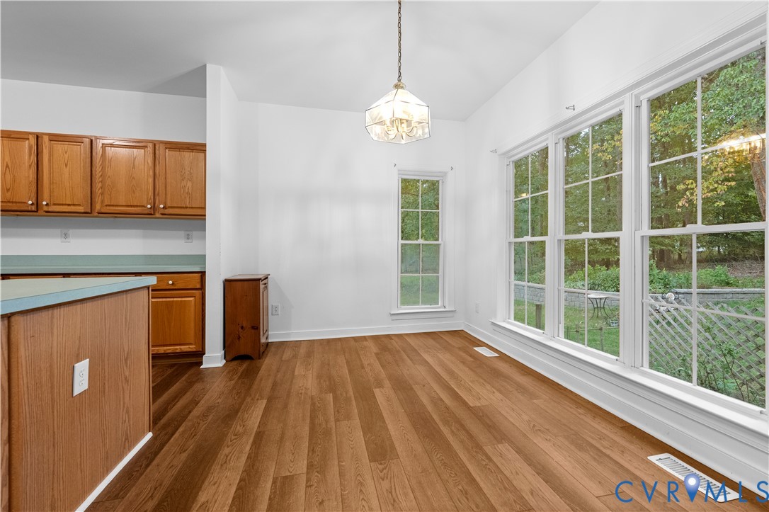Wood-finish flooring, multi-pane windows, built-in wooden cabinetry, and overhead geometric pendant lighting