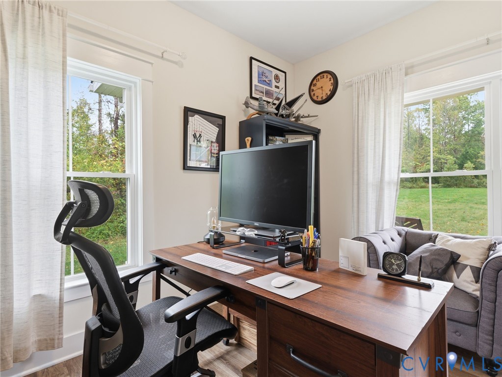 Interior room featuring dual pane windows, neutral wall paint, and light-toned wood-finish flooring