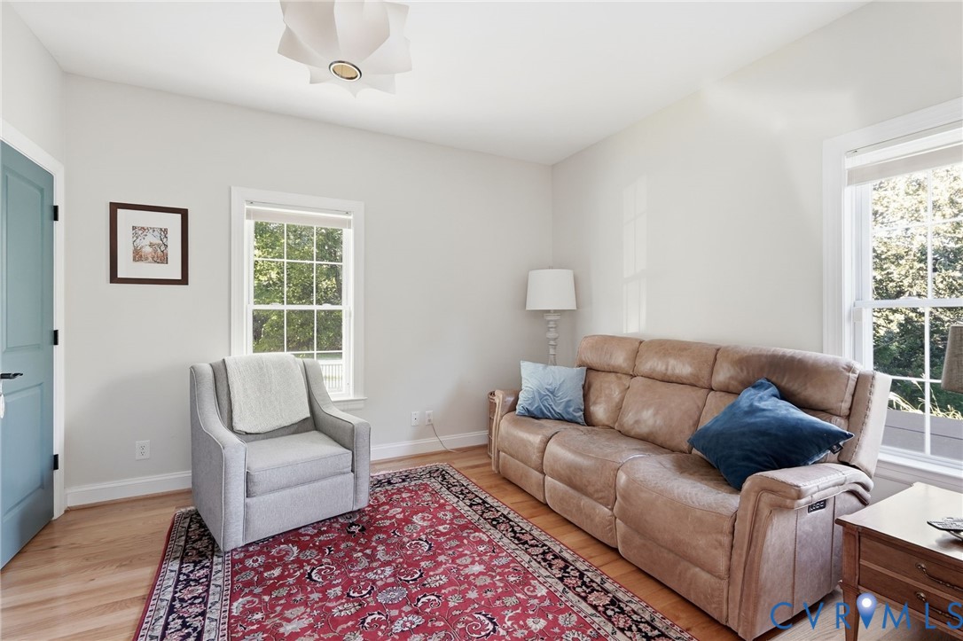 Neutral-toned walls, wood-finish flooring, dual windows with white casing, and geometric ceiling fixture