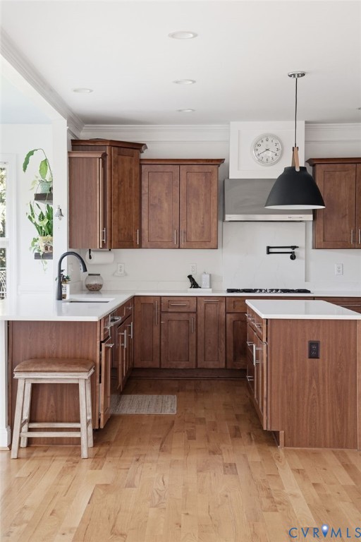 Kitchen featuring stained wood cabinetry, stone countertops, stainless steel range hood, wall-mounted pot filler, and wood-finish flooring