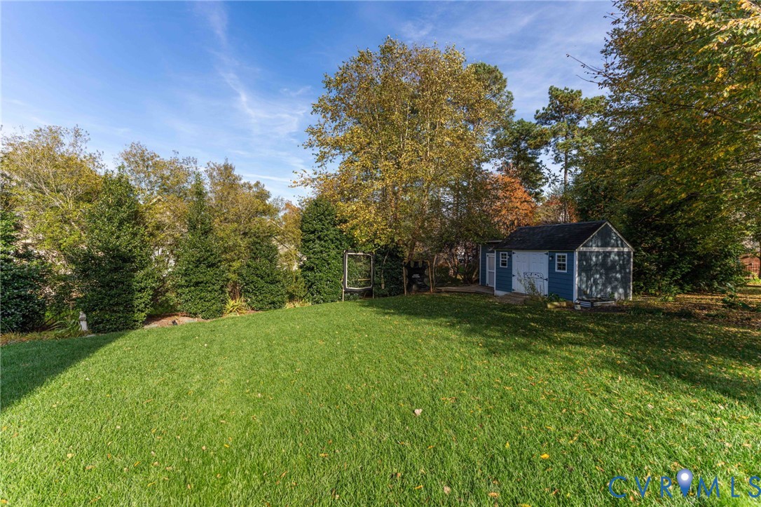 Expansive lawn area featuring mature trees, peripheral evergreen hedging, and a detached storage structure with a shingled roof