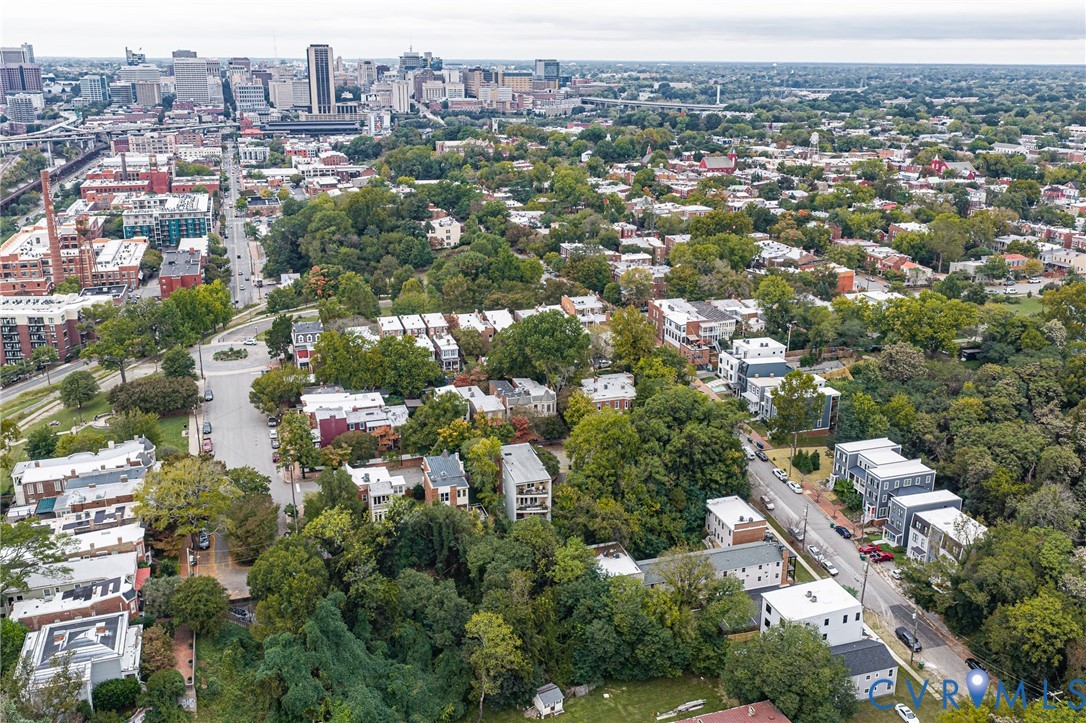 Aerial perspective featuring a metropolitan skyline backdrop, dense mature tree canopy, and established residential street grid