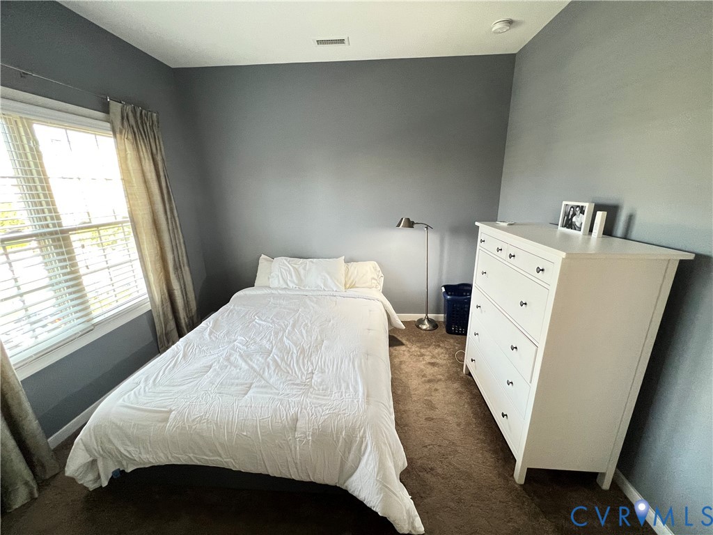 Neutral-toned wall paint, plush carpeting, and a multi-pane window with white trim
