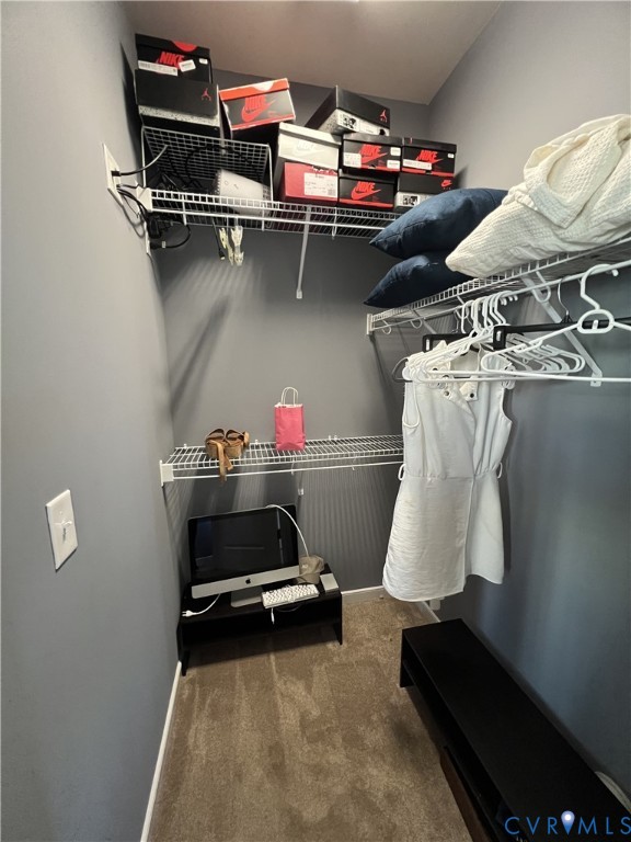 Storage space featuring neutral wall paint, carpeted flooring, and white wire shelving