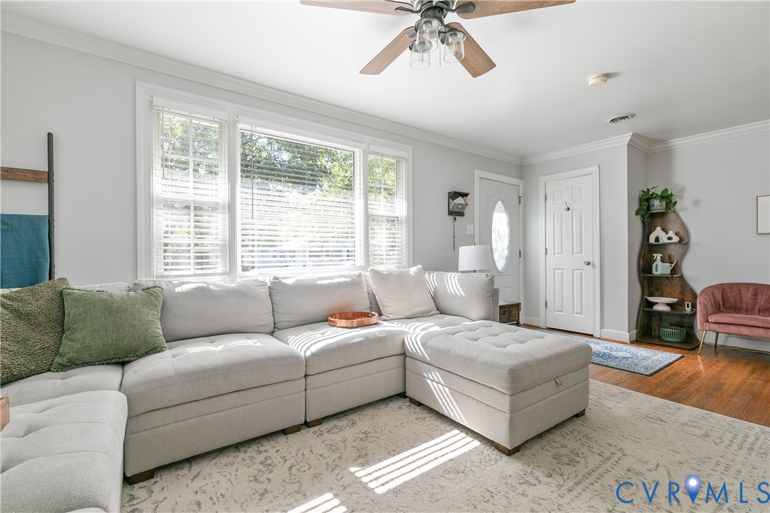 Living area featuring crown molding, wood-finish flooring, a multi-pane window with adjustable blinds, and a ceiling fan with integrated lighting