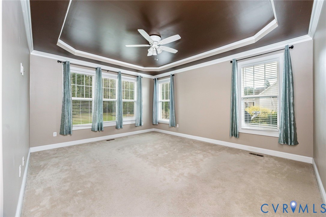 Tray ceiling featuring a dark-toned inset, neutral wall color, wall-to-wall carpeting, multiple windows, and a central ceiling fan