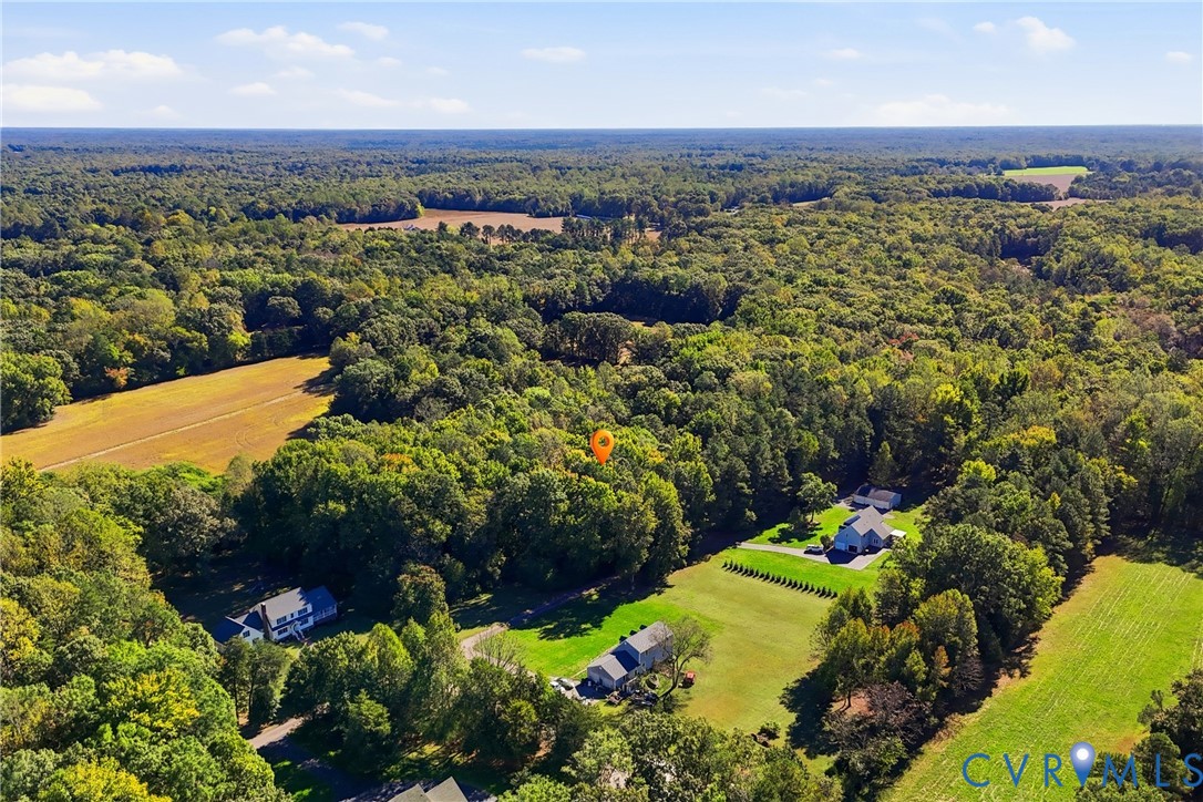 Aerial perspective featuring expansive acreage, dense woodland surroundings, cleared grassy lots, and established tree lines