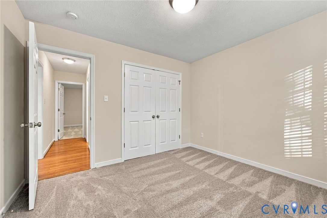 Neutral-toned interior featuring wall-to-wall carpeting, double-door closet with paneled detailing, and flush-mount ceiling lighting