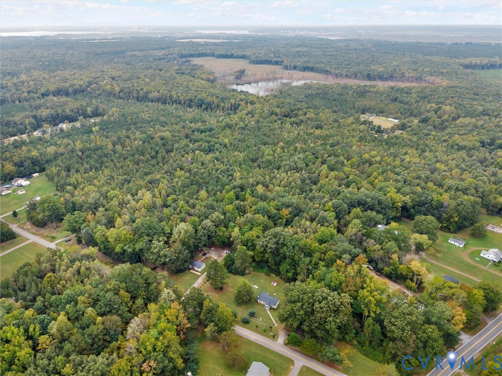 Aerial perspective featuring expansive forested terrain, mature woodland cover, and open grassy areas