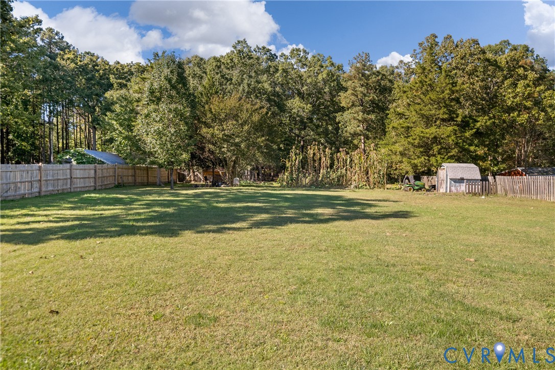 Expansive backyard featuring an open grass lawn, wood-panel fencing, and mature tree line
