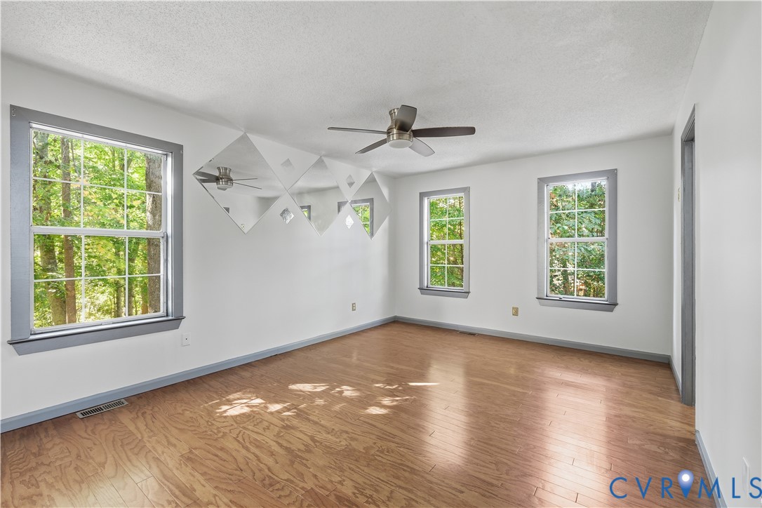 Wood-finish flooring, multi-pane windows with grey casing, diamond-pattern wall mirrors, and a central ceiling fan