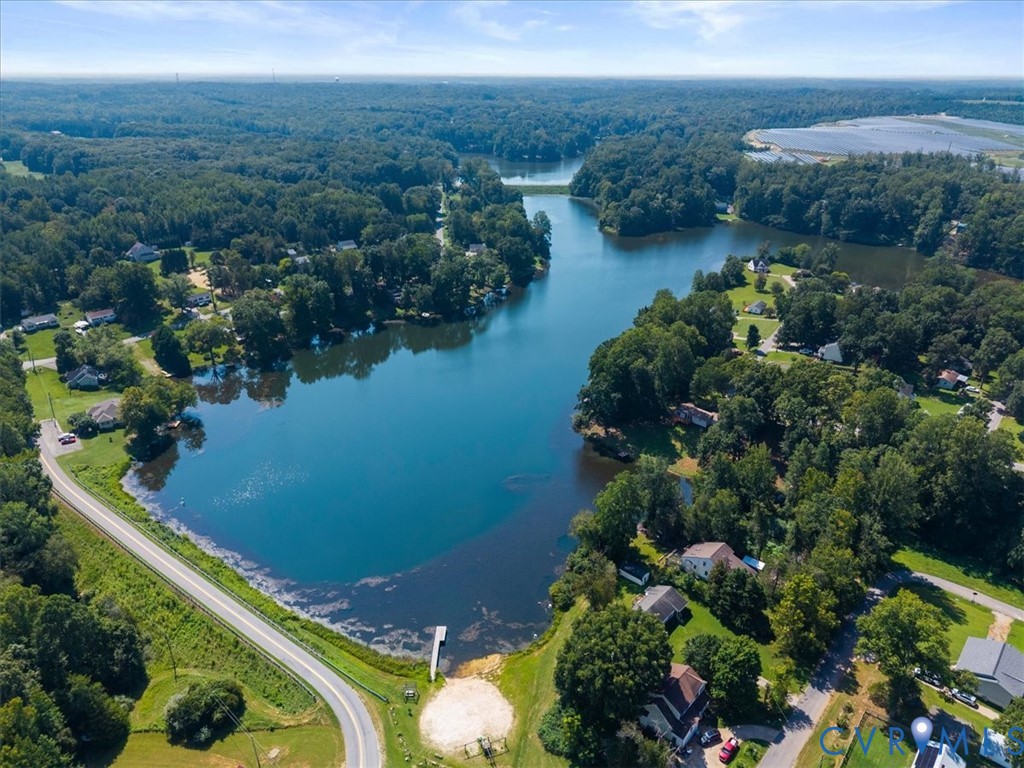 Aerial perspective featuring a large freshwater lake, extensive mature tree coverage, and a private dock