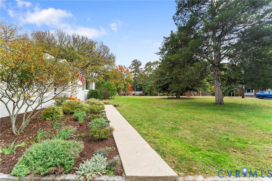 Expansive lawn featuring mature trees, concrete walkway, and landscaped garden beds with wood mulch Expansive lawn featuring mature trees, concrete walkway, and landscaped garden beds with wood mulch