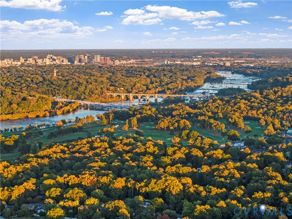 Aerial perspective featuring mature tree canopy, river frontage, proximity to a golf course, bridge infrastructure, and distant urban skyline