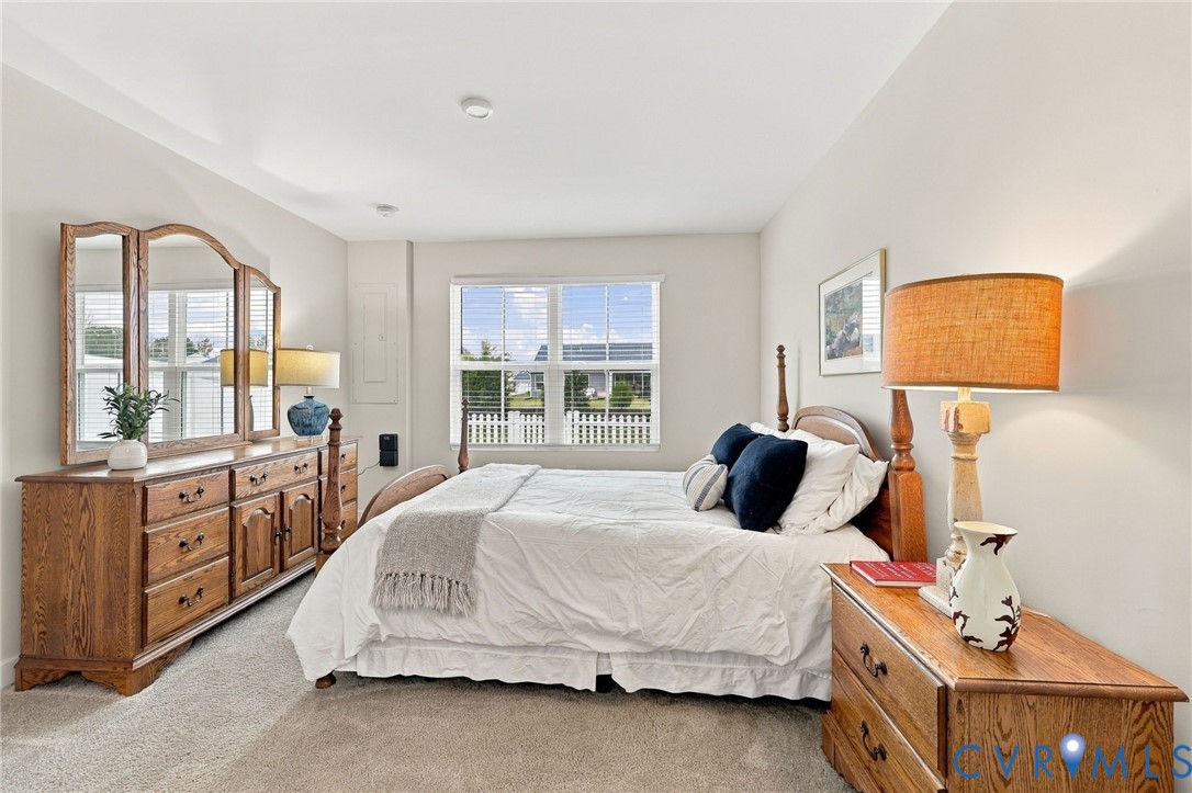 Neutral wall paint, plush carpeting, and a double-hung window with blinds