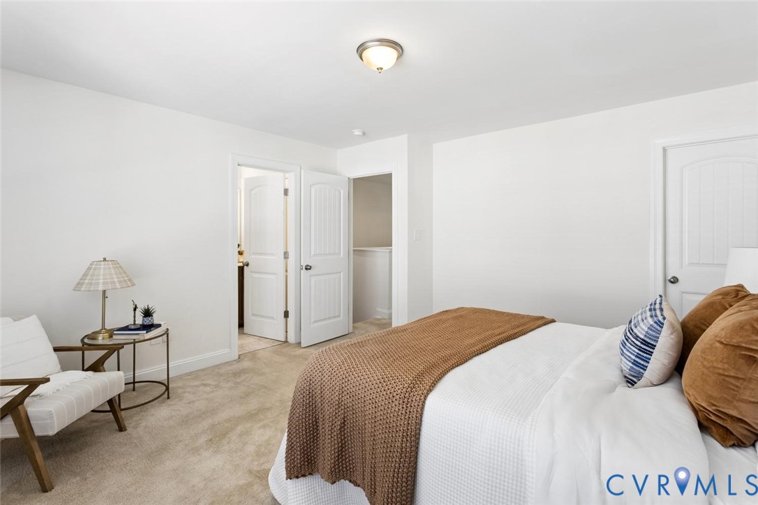 Plush carpet flooring, white walls, and a ceiling-mounted light fixture.