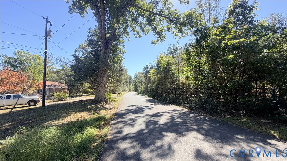 Asphalt road frontage bordered by mature hardwood trees and native vegetation