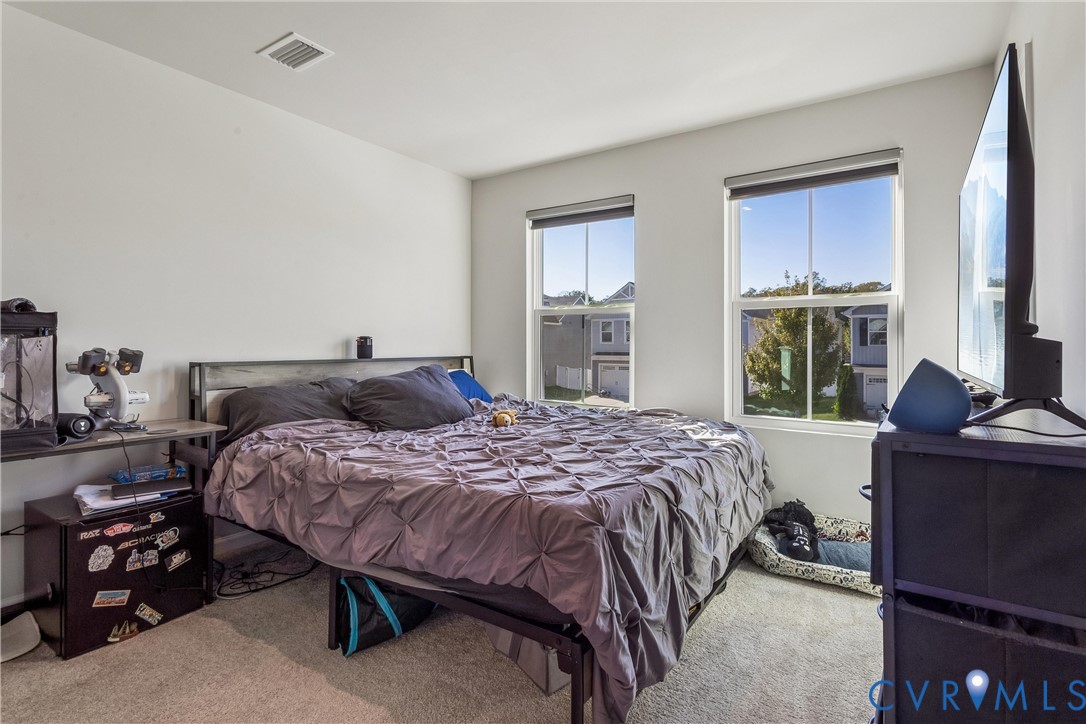 Neutral-toned room featuring neutral carpeting, double-hung windows with window treatments, and white wall finishes