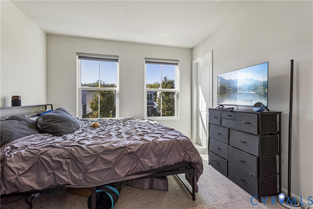 Bedroom featuring neutral wall paint, wall-to-wall carpeting, and two double-hung windows with retractable shades