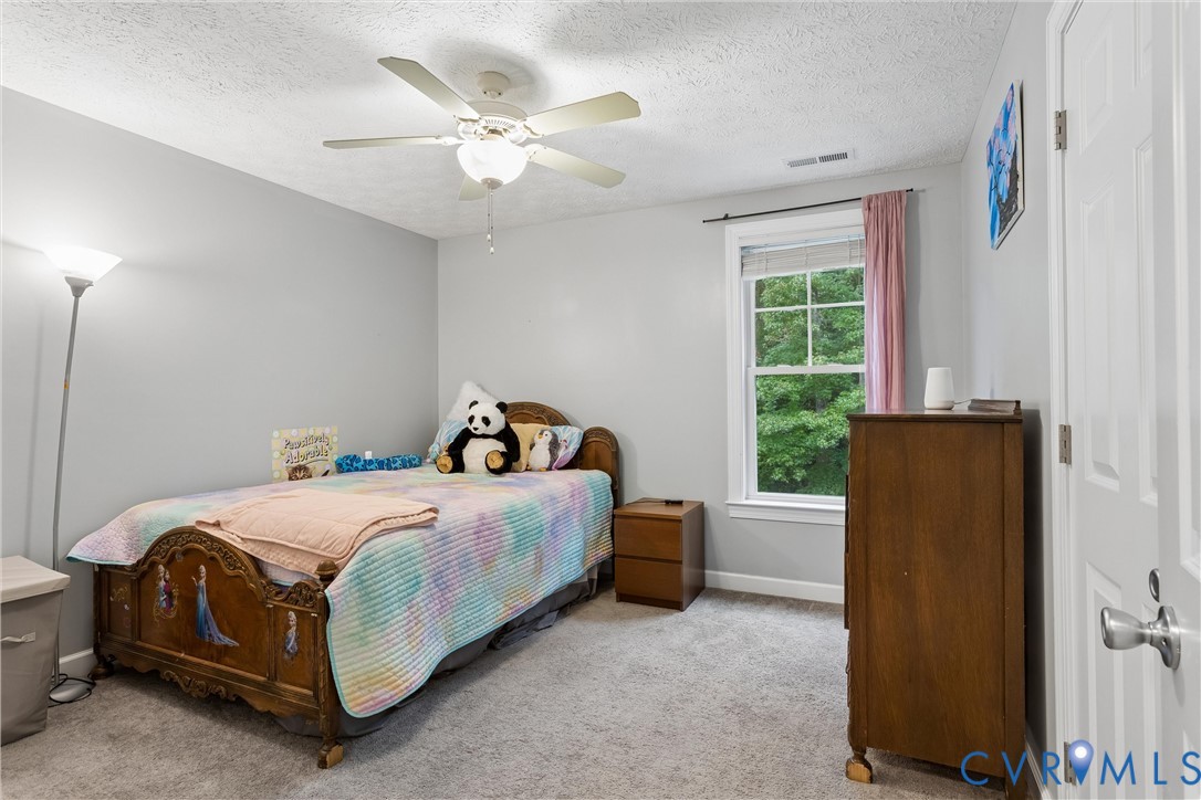 Neutral-toned interior featuring wall-to-wall carpeting, a multi-pane window with exterior greenery, and a ceiling-mounted fan with integrated lighting