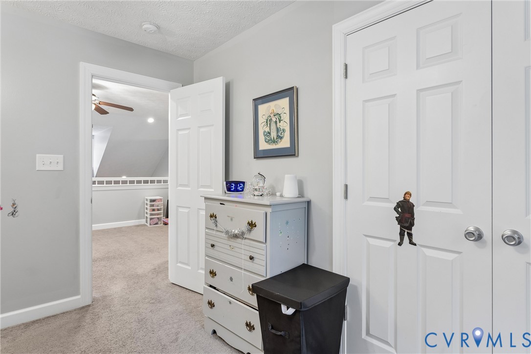 Neutral-toned interior space featuring light grey walls, carpeted flooring, and white multi-panel interior doors