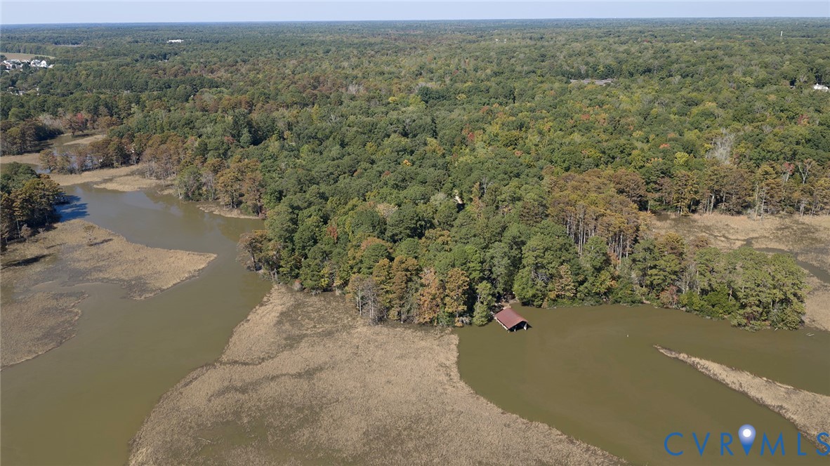 Aerial perspective of waterfront acreage featuring extensive tree coverage, marshland shoreline, and a private covered boat slip