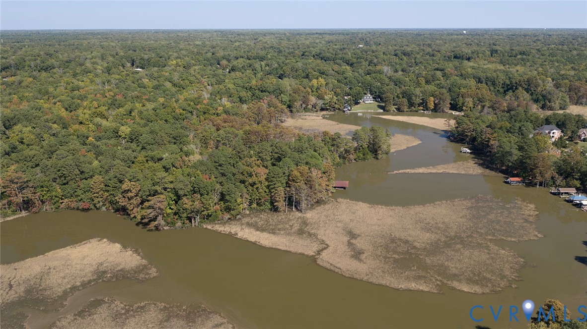 Aerial perspective featuring extensive waterfront access, marshland topography, and abundant mature woodland foliage