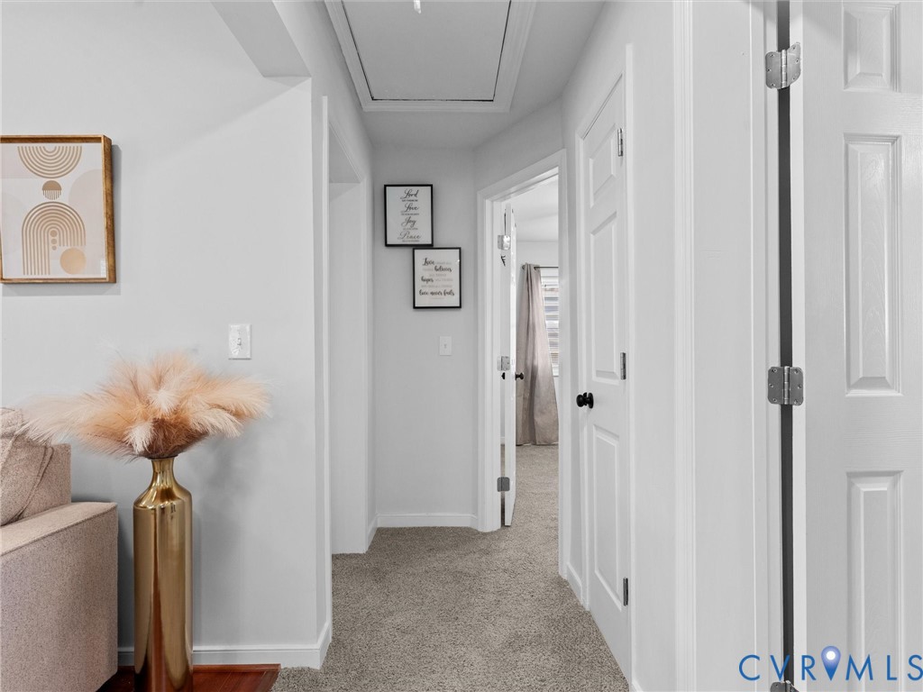 Hallway featuring neutral wall-to-wall carpeting, paneled interior doors, and matte black door hardware