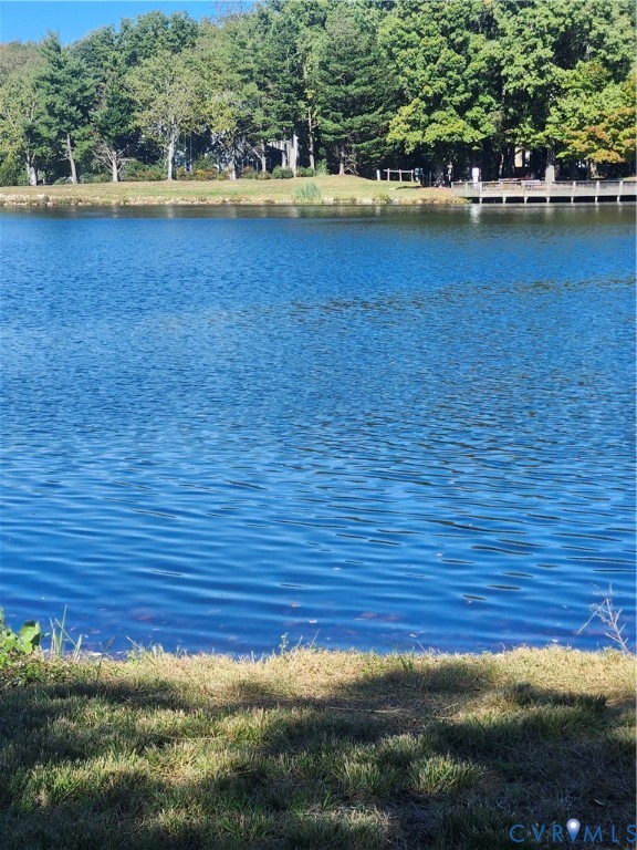 Waterfront property featuring a private lake, mature trees, and a wooden dock