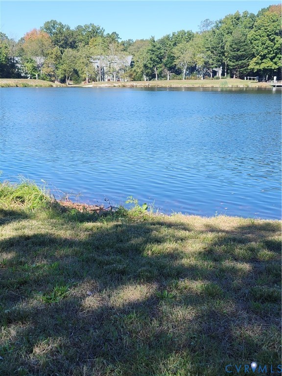 Waterfront property featuring a private shoreline, grassy lawn, and mature trees