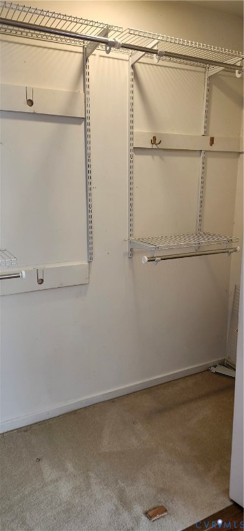Walk-in storage space featuring a wall-mounted wire shelving system, integrated clothing rods, and wall-mounted hooks