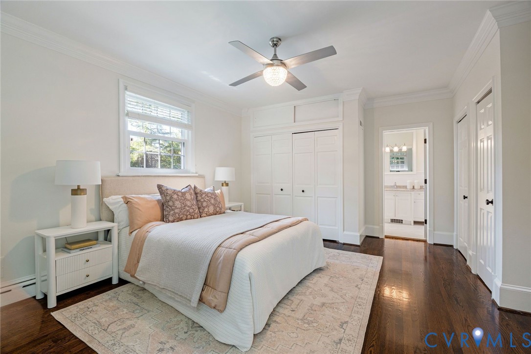 The primary features two closets and renovated en suite bath.