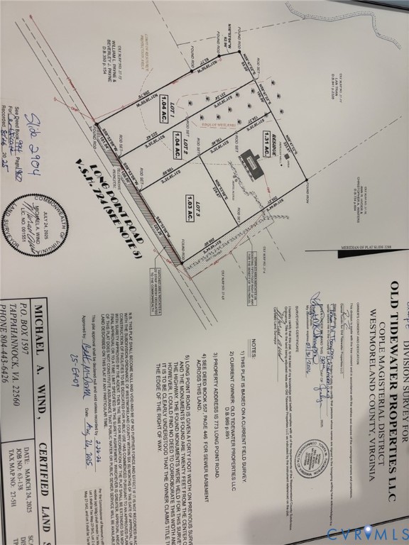 Subdivision Plat. Outlining land boundaries, parcel acreage, and recorded survey data for the property