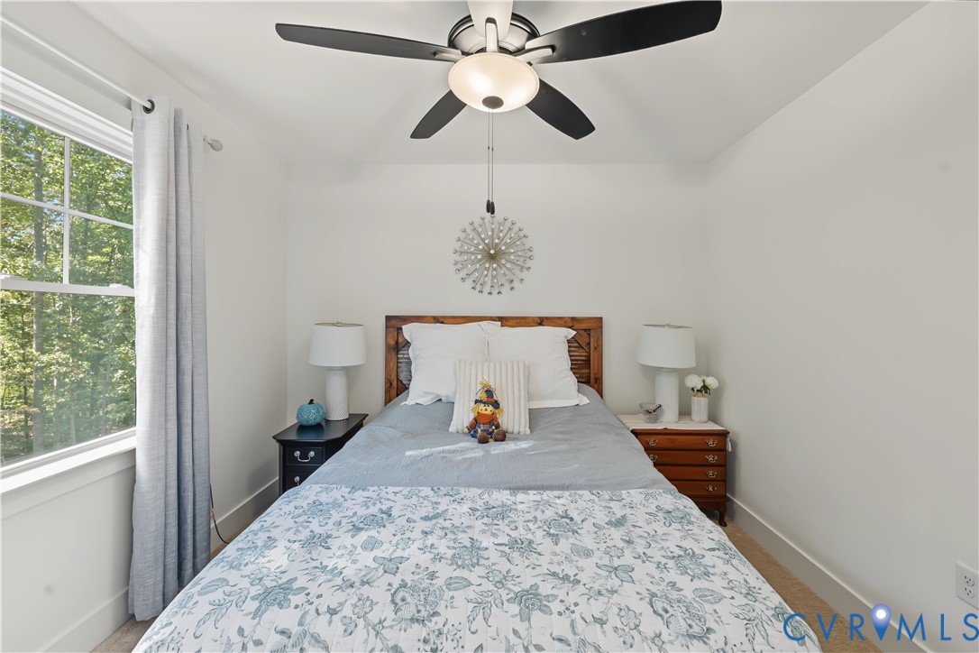 Multi-pane window with exterior natural scenery, overhead ceiling fan with integrated lighting, and neutral wall tones
